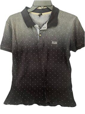 Hugo Boss Polo Shirt Mens Size L Black White Short Sleeve Polka Dot Pattern Polo